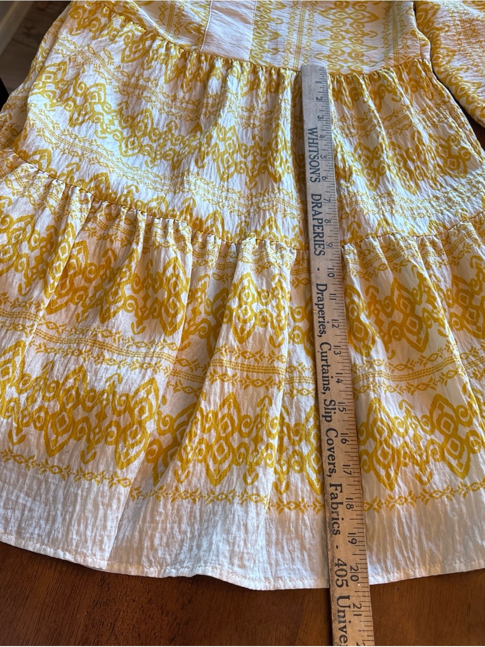 Yellow Patterned Tiered Midi Dress with V-Notch Neck - Picture 7 of 10